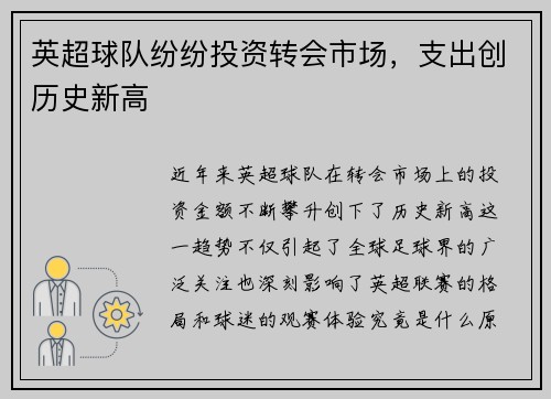 英超球队纷纷投资转会市场，支出创历史新高